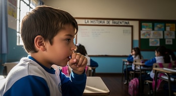 Primer plano de un niño tosiendo con la mano en la boca en un aula argentina, sentado de perfil en un escritorio, con luz solar entrando por una ventana.