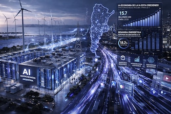 Imagen de un centro de datos de IA en Argentina junto a turbinas eólicas y paneles solares. Elementos digitales muestran un mapa de Argentina y gráficos de datos