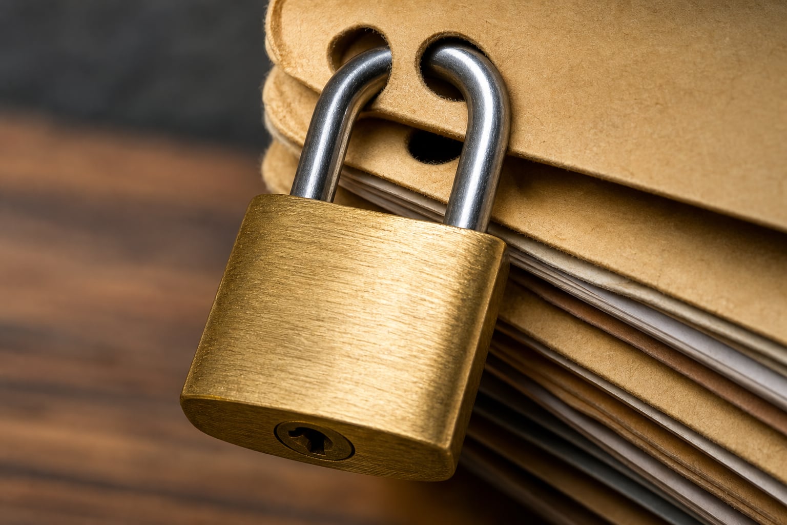 Un candado de latón dorado asegura una pila de carpetas de expediente para resguardar la información de los documentos. (Imagen Ilustrativa Infobae)