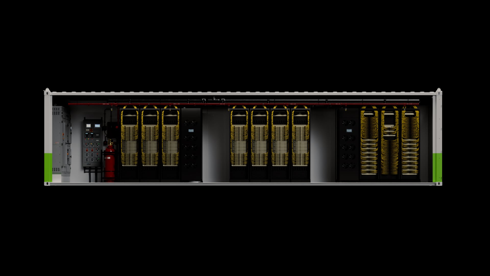 Es un renderizado transversal del NVIDIA DSX POD, la solución modular en contenedor de