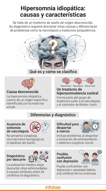 Infografía de hipersomnia idiopática. Incluye título, texto y seis paneles con ilustraciones: cerebros, personas, doctor, microscopio, reloj y logo Infobae.