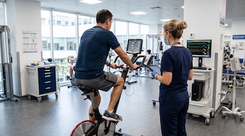 Un hombre de espaldas pedalea en una bicicleta fija mientras una profesional médica con mascarilla y tableta lo observa en un gimnasio.