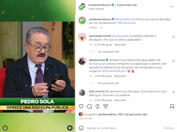 Hombre con bigote y gafas, de traje, sosteniendo un teléfono. Texto en pantalla: PEDRO SOLA OFRECE UNA DISCULPA PÚBLICA. Publicación de Instagram con comentarios