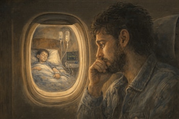 Un hombre barbudo de perfil mira una ventana de avión. En el cristal se visualiza un niño acostado en cama de hospital, conectado a un suero y un monitor.