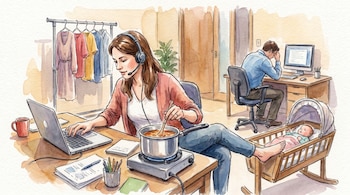 Ilustración acuarela de una mujer con auriculares trabajando en laptop, revolviendo una olla en una estufa, y meciendo la cuna de un bebé con su pie. Un hombre trabaja en el fondo.