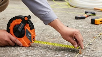 Manos sujetan una cinta métrica naranja y negra marca Trúper. La cinta amarilla está extendida sobre un suelo gris junto a un hilo amarillo y una estaca de madera