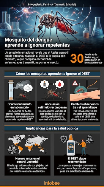 Infografía con un mosquito Aedes aegypti, material de laboratorio, y diagramas que ilustran un experimento sobre repelentes, mapas de salud pública y consejos.