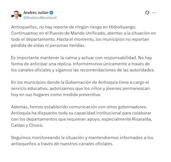 Andrés Julián Rendón entregó reporte sobre Hidroituango
