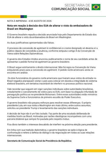 Documento oficial con logo de la Secretaría de Comunicación Social de Brasil, texto en portugués sobre la decisión de visa de Estados Unidos