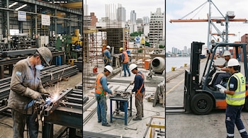 Un soldador en una fábrica, varios obreros en una obra en construcción y operarios con un autoelevador junto a una grúa portuaria.