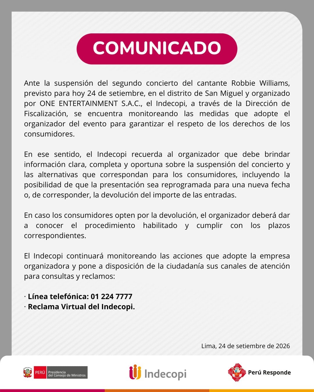 El comunicado del Indecopi. Foto: Indecopi