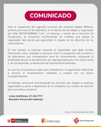 El comunicado del Indecopi.