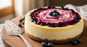 Un cheesecake entero con base de galleta, relleno cremoso y cubierta de salsa de arándanos en espiral con frutas frescas encima, sobre una tabla redonda de madera.