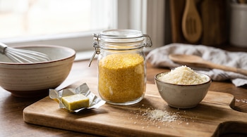 Un frasco de vidrio con harina de maíz amarilla, un cubito de caldo en su envoltura y un cuenco con queso rallado sobre una tabla de madera.