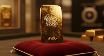 Un lingote de oro con un escudo grabado sobre un cojín de terciopelo rojo. Al fondo, más lingotes de oro y una caja fuerte borrosa.