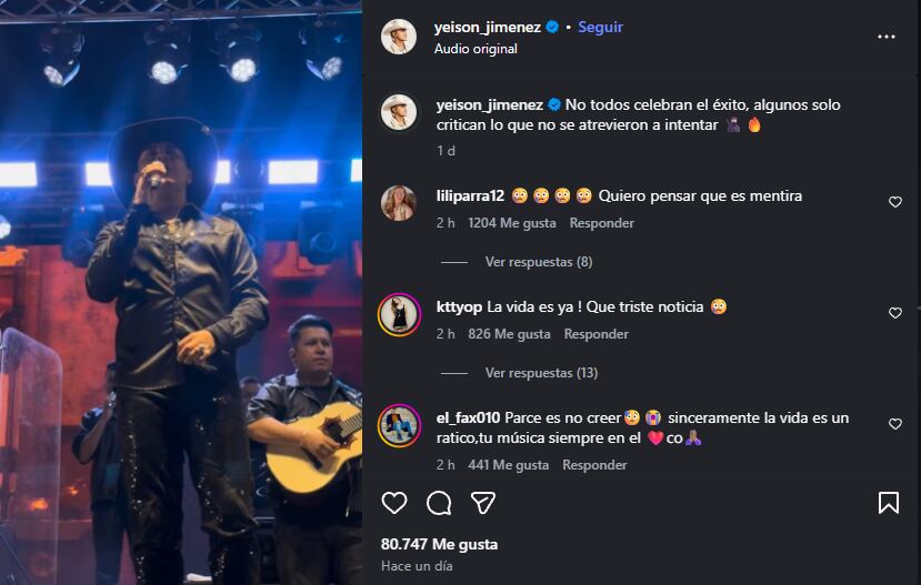 El artista era muy activo en sus redes sociales - crédito Yeison Jiménez/Instagram
