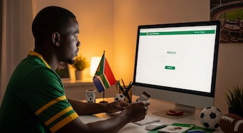 Hombre negro con camiseta sudafricana mira pantalla de computadora con "México", sosteniendo una tarjeta de crédito. Bandera de Sudáfrica y balones en el escritorio.