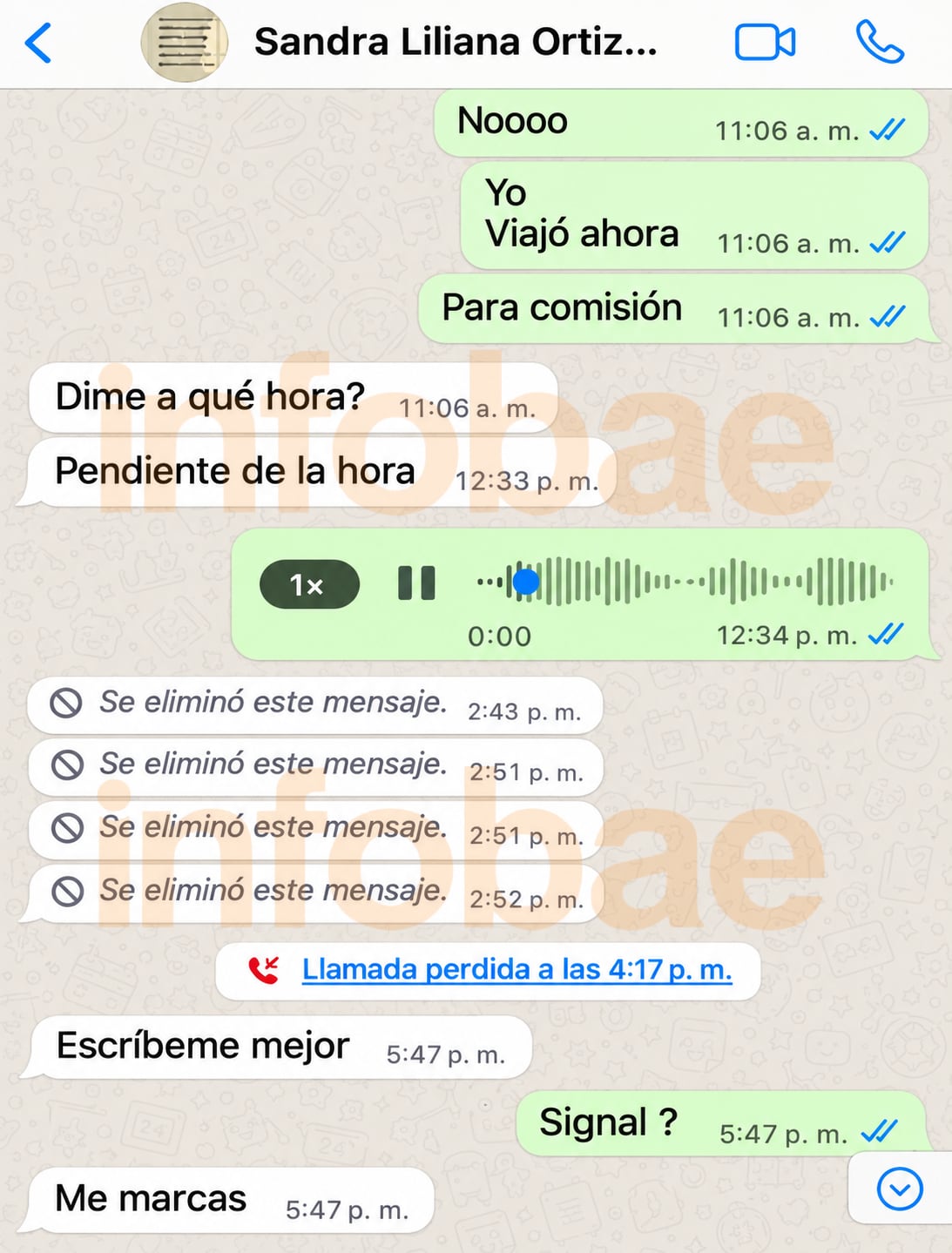Este es el chat entre Sandra Ortiz y Sneyder Pinilla, en el que se nota la insistencia de la exfuncionaria de establecer contacto con el exdirectivo de la Ungrd - crédito Infobae Colombia