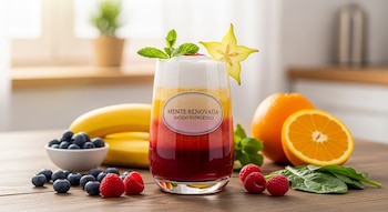Vaso de batido de frutas de capas rojas y amarillas con espuma, decorado con menta y carambola, rodeado de plátanos, arándanos, frambuesas, naranjas y espinacas en una mesa de madera.