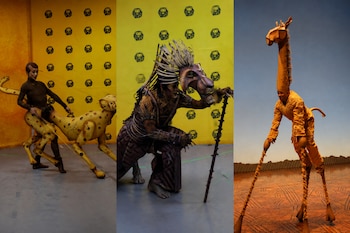 Tres fotografías yuxtapuestas de artistas con estructuras móviles de un guepardo, una máscara de león y zancos que forman una jirafa.