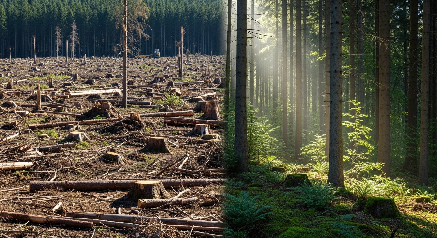 Una imagen dividida muestra el marcado contraste entre un bosque talado, con troncos y tocones, y un denso bosque verde y saludable iluminado por la luz del sol, simbolizando la urgencia de la conservación ambiental. (Imagen Ilustrativa Infobae)