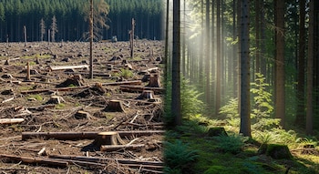 Imagen dividida horizontalmente que muestra un área de bosque talado a la izquierda con tocones y troncos, y un bosque denso y verde a la derecha con árboles altos.