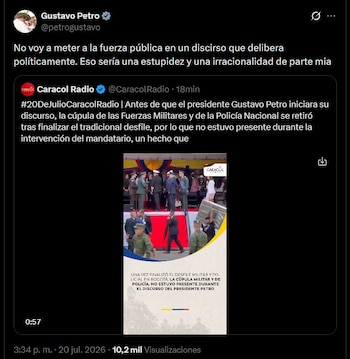 La decisión sobre el retiro de los altos mandos se coordinó antes del evento y respondió al carácter político de la alocución presidencial del 20 de julio - crédito @petrogustavo / X