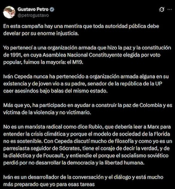 Publicación del presidente Gustavo Petro en X en la que defiende al senador Iván Cepeda y rechaza señalamientos que lo vinculan con la guerrilla - crédito Gustavo Petro/X
