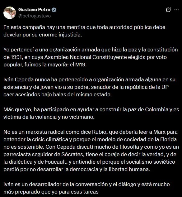 Publicación del presidente Gustavo Petro en X en la que defiende al senador Iván Cepeda y rechaza señalamientos que lo vinculan con la guerrilla - crédito Gustavo Petro/X