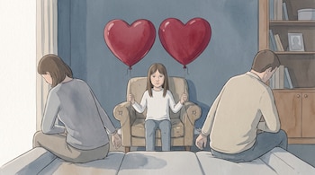 Un niño sentado en un sillón sujeta las cuerdas de dos globos rojos en forma de corazón atados a las muñecas de dos adultos de espaldas.