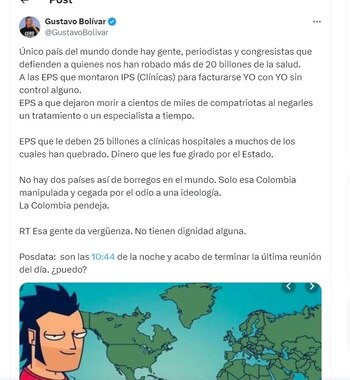 Gustavo Bolívar se fue en contra de las personas que defienden las EPS - crédito @GustavoBolivar