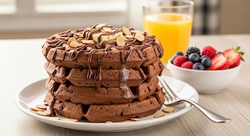 Una pila de cuatro waffles de chocolate con salsa de chocolate, un trozo de mantequilla y almendras, junto a un vaso de jugo de naranja, un tazón de frutos rojos y un tenedor.