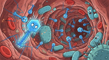 Ilustración detallada de un vaso sanguíneo mostrando glóbulos rojos, varios bacteriófagos azules, bacterias y virus, todos con estilo de caricatura.