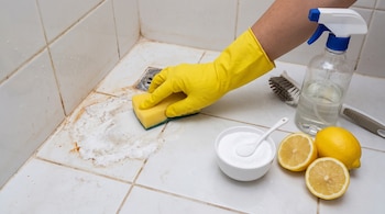 Mano enguantada de amarillo frota azulejos sucios con esponja. Se observan sarro, un desagüe, cuenco con polvo blanco, limones, pulverizador y cepillos.