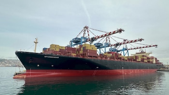 Buque portacontenedores "EPAMINONDAS" negro y rojo atracado en puerto, cargado con contenedores rojos y amarillos, con grúas portuarias al fondo bajo cielo nublado