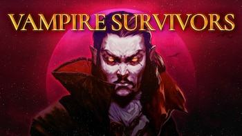 Texto Vampire Survivors. Ilustración de hombre con tez pálida, ojos amarillos, colmillos, capa roja y fondo circular magenta con murciélagos