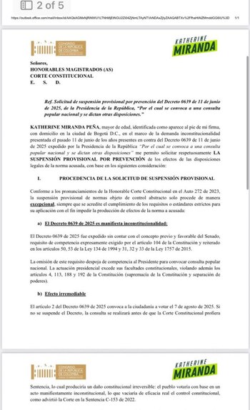 Carta Katherine Miranda a la