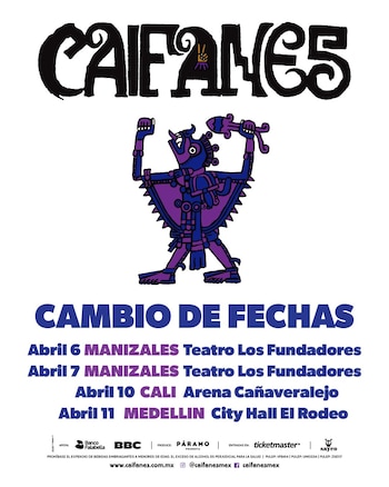 Caifanes tocará el 6 y 7 de abril de 2027 en Manizales, en Cali el día 10, y en Medellín el día 11 - crédito Páramo Presenta