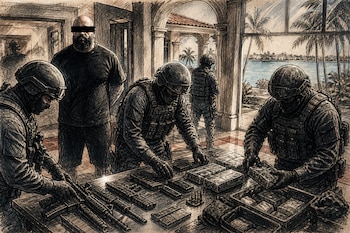 Ilustración de agentes tácticos que revisan armas y paquetes sobre una mesa junto a un hombre de pie en una residencia frente a una laguna.