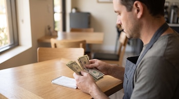 Un hombre con delantal cuenta billetes de un dólar y cinco dólares sobre una mesa de madera junto a una libreta abierta.