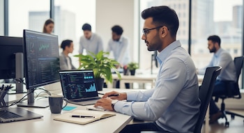 Un hombre con gafas trabaja en un escritorio frente a dos monitores de computadora mostrando gráficos y código, con otras personas y un edificio al fondo.