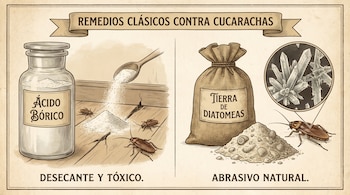 Ilustración de un frasco de ácido bórico, una cuchara, polvo blanco, tres cucarachas, un saco de tierra de diatomeas, un montículo de polvo, una cucaracha y cristales.