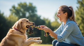 Un perro Golden Retriever color miel y una mujer sonriente de cabello recogido juegan al tira y afloja con un juguete de cuerda multicolor al aire libre.