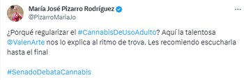 Senadora María José Pizarro utiliza la música para promover la regularización del cannabis - crédito @PizarroMariaJo/X