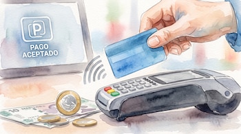 Ilustración de una mano que acerca una tarjeta bancaria a una terminal electrónica frente a monedas, un billete y una pantalla.