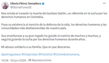 Gloria Flórez lamentó la muerte de Gustavo Gallón y reconoció su legado en derechos humanos - crédito @GloriaFlorezSI/X