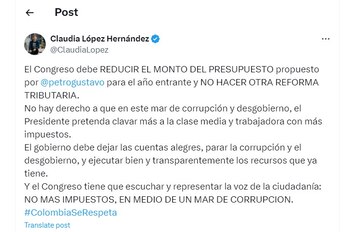 Claudia López crítica el presupuesto