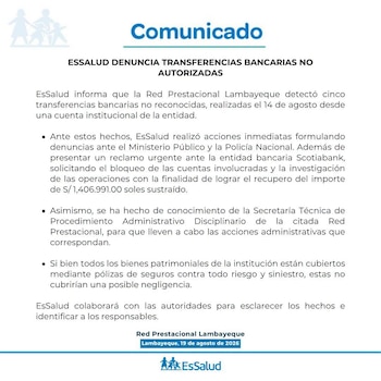 Documento oficial de EsSalud titulado "Comunicado" con texto que detalla la denuncia de transferencias bancarias no autorizadas y el logo de la institución