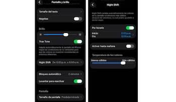 Dos capturas de pantalla de un iPhone con los ajustes de "Pantalla y brillo" y "Night Shift", que muestran las opciones de configuración en modo oscuro