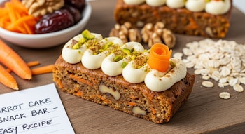 Barra de pastel de zanahoria con glaseado, pistachos y rosa de zanahoria. Alrededor hay nueces, avena, dátiles, zanahorias y una nota de receta.